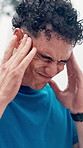 Man, fitness and headache with stress for workout strain, pressure or outdoor injury in nature. Active, male person or migraine with sore ache or pain for muscle tension, vertigo or mental health