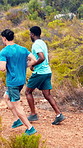 Fitness, men and trail running exercise in nature for pace training, marathon practice and health. Runner team, back of people or jog on mountain for endurance challenge, sport performance or cardio