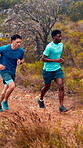 Nature, fitness and people on mountain for running, workout or health in morning together. Wellness, pace and male athletes with cardio exercise for challenge, active or training outdoor on trail.