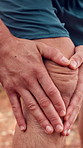 Hands, knee pain and runner in nature with injury, joint inflammation and break for exercise in summer. Person, outdoor and arthritis with tendinitis, fibromyalgia and fatigue with trail running
