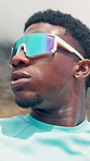 Outdoor, thinking and black man with sunglasses for fitness, exercise and workout for health. Sports, nature and person with shades for challenge, active hobby and training for rest, breath and ideas