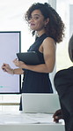 Presentation, graphs and business woman with team for financial projection, meeting and feedback. Corporate, talking and person with monitor for finance report, chart and research for company growth