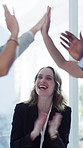 Documents, throw and business people with high five in meeting for goals, financial growth and profit. Corporate, team and workers applause with papers in air for success, celebrate and finance deal