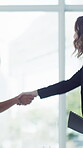 Handshake, meeting and welcome with business people in office for teamwork, budget review and audit. Planning, investor report and workshop with employees in agency for revenue and shaking hands