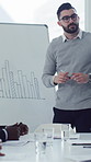 Presentation, whiteboard and businessman with team for financial projection, meeting and feedback. Office, talking and person with graphs for finance report, workshop and strategy for company growth