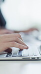 Creative, typing and hands with keyboard in business, journalist and magazine publication on website. Newsroom, reporter and person with tech for article submission, coworking and media assignment