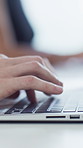 Creative, online and hands with keyboard in business, journalist and magazine publication on website. Newsroom, typing and person with computer for article submission, coworking and media assignment