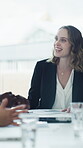 Smile, meeting and talking with business woman in office for teamwork, budget review and audit. Planning, investor report and workshop with employees in agency for revenue, feedback and research