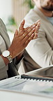 Applause, discussion and hands of business people in office with good news and investment approval. Clapping, celebration and financial advisors in workplace with collaboration, teamwork or success.