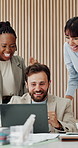 Applause, laptop and business people in office with good news, collaboration or investment approval. Happy, celebration and team of financial advisors clapping for finance achievement in workplace.