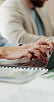 Hands, typing and laptop with business woman in office for research, broker report and account manager. Planning, investment review and budget admin with person in financial agency for portfolio