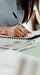 Planning, writing and hands with notebook in office, business proposal and project schedule details. Reminder, ideas and woman with journal for task agenda, organization and notes for to do list