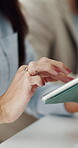 Woman, hand and typing in office with tablet, research story and online news for media publication. Coworking, person and journalist in workplace with tech, browsing website and app for blog article.