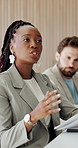 Meeting, woman and pitch with paperwork, office or talk for financial growth, reading and discussion. Corporate, people and planning for business development, investment banker and risk management