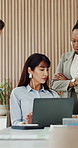 Meeting, laptop and business people with manager in office for feedback on finance report. Discussion, computer and financial advisors with client for investment proposal with advice or review.
