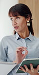 Investor, talking and woman in office, tablet for investment deal and app for trading info. Mature person, tech or financial advisor in workplace, internet and email for profit growth or connection
