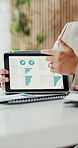 Hands, talking and investor in office, tablet screen for revenue charts and investment deal. Financial advisor, employee and person in workplace, tech and graphs for economy growth and profit stats