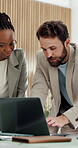 Support, manager or people in office with laptop, problem solving or funding ideas in budget pitch. Team, aid or finance consultant with tech, director feedback or collaboration for investment plan.