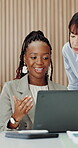 Boardroom, meeting and people with laptop, talk and risk assessment for financial growth and online. Corporate, group and planning for business development, investment banker and teamwork with tech