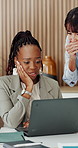 Business people, meeting and team with laptop, stress and negative feedback for property development. Real estate developer, disappointed and group with tech for investment rejection, sad and online