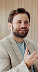 Boardroom, meeting and man with smile, pitch or risk assessment for financial growth, ideas and talk. Happy, people and plan for business development, investment banker and collaboration in office