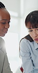Investor, talking and women in meeting, help and feedback for investment deal, funding review and smile. Professional, financial advisor or employees in workplace, discussion, economy info or support