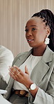 Serious, meeting and businesswoman with paperwork, office and pitch for financial growth and talking. Corporate, people and planning for business development, investment banker and risk management