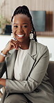 Face, business and black woman with smile in office for career pride, about us and real estate. Portrait, female person and consultant with ambition, experience and happy realtor for property auction