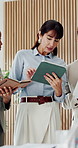 Investor, talking and business people in meeting, tablet for investment deal and email for stock market info. Mature woman, tech or financial advisor in office, discussion and app for profit increase