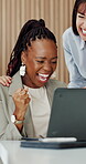 Applause, excited and woman with laptop in meeting, achievement and promotion success for celebration. Winner, pc and happy people clap for congratulations in office, email announcement and fist pump