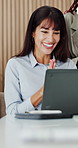 Applause, staff or excited woman with laptop in office, achievement or promotion success for celebration. Winner, pc or happy people clapping for congratulations, email announcement or fist pump