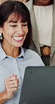 Surprise, staff or excited woman with laptop in office, achievement or promotion success for celebration. Winner, pc or happy people with applause for congratulations, email announcement or support
