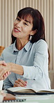 Happy woman, business or meeting with handshake for agreement, deal or partnership in office. Female person, employee or colleagues shaking hands with smile for b2b, hiring or recruiting in workplace