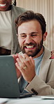 Applause, excited and man with laptop in meeting, achievement and promotion success for celebration. Winner, pc and happy people clap for congratulations in office, email announcement and fist pump