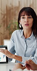 Business, finance and tablet screen with mature woman in boardroom of office for review of data. Explain, graphs and statistics with financial manager in workplace for discussion, feedback or report
