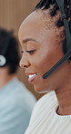 Call center, headset and woman in workplace, talking or communication for system solution. Person, tech support or employee in office, consultation or feedback for customer service, crm or contact us
