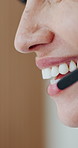 Happy woman, mouth and agent with mic in call center for customer service or online advice. Closeup, female person or friendly consultant with smile for communication, virtual assistance or CRM help