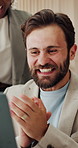 Applause, excited and man with laptop in office, achievement and promotion success for celebration. Winner, pc and happy people with fist pump in meeting, email announcement and support for good news