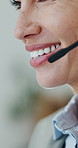 Happy woman, mouth and consultant with mic in call center for customer service or online advice. Closeup, female person or friendly agent with smile for communication, virtual assistance or CRM help