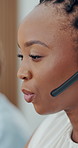Call center, headset and woman in office, talking and communication for system solution. Person, closeup and employee in workplace, conversation and feedback for customer support, crm or consultation