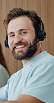 Happy man, face and agent with headset for customer service or enquiry in call center.  Portrait, male person or friendly consultant with smile, mic or team for virtual asssistance or help agency
