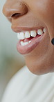 Happy woman, mouth and agent with mic for customer service or online advice in office. Closeup, female person or friendly consultant with smile for communication, virtual assistance or call center