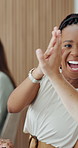 Happy woman, consultant and high five with headset for winning, teamwork or success in call center. Excited, female person or employees with smile for virtual assistance, bonus or sale together