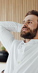 Thinking, business and man stretching in office for real estate, vision and property plan. Smile, male person or relax with reflection, listing solution and resale opportunity with auction completion