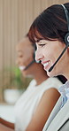 Call center, headset and woman in workplace, smile or communication for system solution. Mature person, talking or happy employee in office, help desk and feedback for customer support and contact us