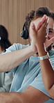 Happy man, consultant and high five with headset for winning, teamwork or success in call center. Excited, male person or employees with smile for virtual assistance, bonus or sale together in office