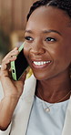 Woman, smile and talk in office with phone call, journalist interview and story verification for article. Happy, black person and feedback in workplace with tech, contact news source or conversation.