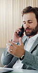 Phone call, discussion and business man in office for negotiation, investment deal and contact. Corporate, talking and person on smartphone for financial proposal, partnership and budget agreement