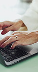 Hands, woman and typing with laptop in office for research, email client and real estate. Mature person, tech and schedule for viewing, property price and online information for auction negotiation