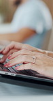 Laptop, hands and woman typing in office for copywriting, newsletter and story research on internet. Computer, content writer and person with keyboard at work for ad campaign, business and coworking